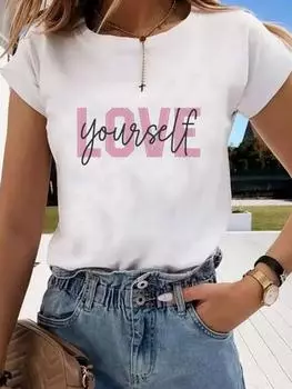 (Азиатский размер) Футболка с графическим принтом, стиль Love Letter, милая повседневная мода 90-х, женский повседневный топ, женская футболка с коротким рукавом S