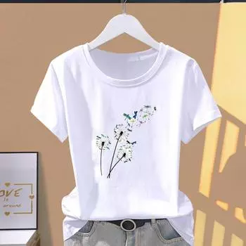 (Азиатский размер) Футболка с графическим принтом «Стрекоза и одуванчик», повседневная модная женская футболка с принтом, повседневная женская футболка с коротким рукавом S