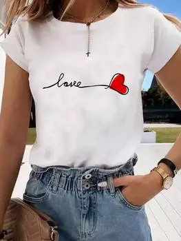 (Азиатский размер) Футболка с графическим принтом Sweet Love Printing Cute T Clothing Casual Fashion Printed Female Casual Womens Top Lady Short Sleeve T Shirt S