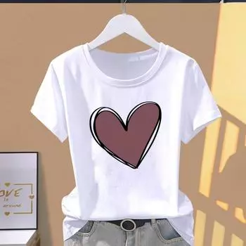 (Азиатский размер) Футболка с графическим принтом T Clothing Love Heart Watercolor Cute Casual Fashion Print Женская повседневная женская футболка с коротким рукавом S