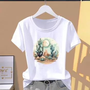 (Азиатский размер) Футболка с графическим принтом, трендовая милая повседневная модная футболка с принтом кактуса, женская повседневная женская футболка с коротким рукавом S