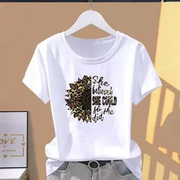 (Азиатский размер) Футболка с графическим принтом, женская повседневная модная принтованная леопардовая надпись, стиль, милая, милая женская повседневная женская футболка с коротким рукавом S