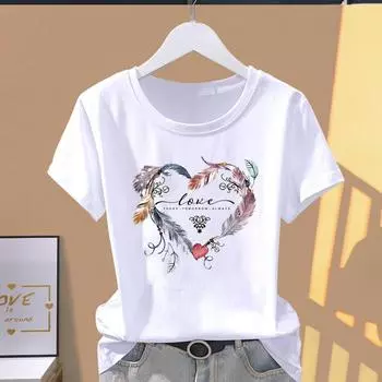 (Азиатский размер) Футболка с графическим рисунком, повседневная футболка с акварельным пером, сердцем и любовью, трендовая одежда с принтом, женская повседневная женская верхняя модная футболка с коротким рукавом S