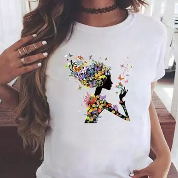 (Азиатский размер) Футболка с графическим рисунком, повседневная футболка с принтом, женская повседневная футболка с бабочкой, милый стиль, женская верхняя модная футболка с коротким рукавом S