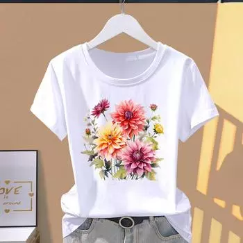 (Азиатский размер) Футболка с графическим рисунком, повседневная футболка с цветочным принтом, милая одежда 90-х годов, женская повседневная женская верхняя одежда с принтом, модная футболка с коротким рукавом S