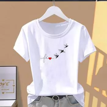 (Азиатский размер) Футболка с графическим рисунком, повседневная модная футболка с принтом, женская любовь, свободный тренд, милый повседневный женский топ, женская футболка с коротким рукавом S