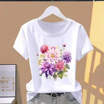 (Азиатский размер) Футболка с графическим рисунком, повседневная футболка с цветочным принтом, милый тренд, милый принт, женская повседневная женская верхняя модная футболка с коротким рукавом S