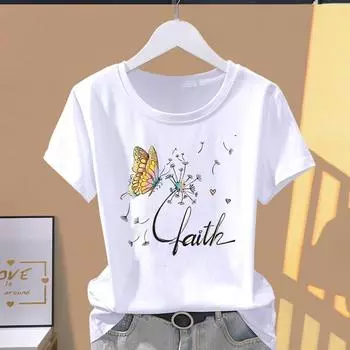 (Азиатский размер) Футболка с графическим рисунком, трендовая милая одежда с бабочкой и буквами, женская повседневная модная футболка с принтом, женские повседневные женские топы с короткими рукавами S