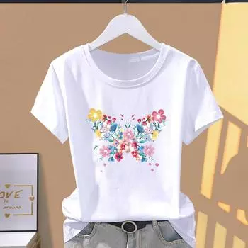 (Азиатский размер) Футболка с графическим рисунком, трендовая бабочка, милая одежда 90-х годов, повседневная модная женская футболка с принтом, повседневная женская футболка с коротким рукавом S