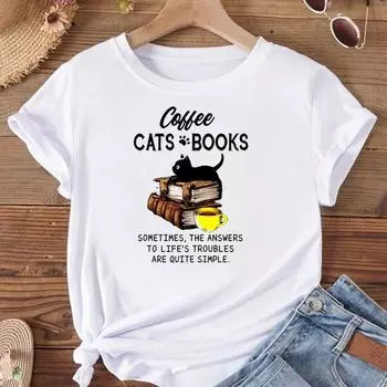 (Азиатский размер)Футболка с изображением кота, цветка, винтажная кофейная женская футболка с принтом, модная футболка, женская футболка, женские футболки с короткими рукавами и графикой S