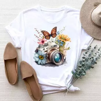 (Азиатский размер) Футболка с камерой и цветком, винтажная трендовая женская одежда, модная футболка с принтом, женские футболки с коротким рукавом и графикой S