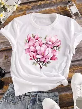 (Азиатский размер) Футболка с коротким рукавом с принтом в виде сердца и цветка, женская футболка, повседневная футболка с цветочным принтом и принтом для женщин S