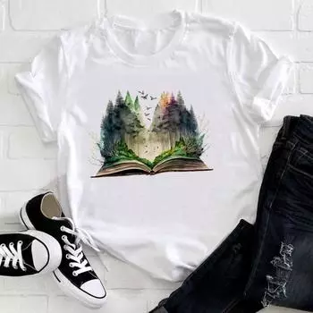 (Азиатский размер) Футболка с коротким рукавом в стиле книги, топ с акварельной живописью, модная футболка, женская одежда, повседневная женская футболка с принтом, женская футболка с рисунком S