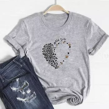 (Азиатский размер)Футболка с коротким рукавом, женская леопардовая футболка с сердечком и трендовым принтом, модная футболка, одежда, повседневная женская футболка с рисунком S