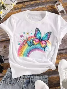 (Азиатский размер) Футболка с коротким рукавом Женская радужная трендовая футболка Верхняя одежда Повседневная Цветочная модная женская графическая футболка с принтом S