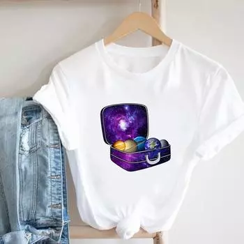 (Азиатский размер)Футболка с космическим трендом, милая модная футболка, повседневная женская одежда, женская футболка с короткими рукавами и принтом S