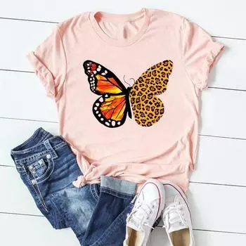 (Азиатский размер)Футболка с леопардовым принтом и бабочкой, милая милая одежда, повседневная женская футболка с коротким рукавом и принтом, женская модная футболка, женская футболка с графикой S
