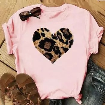 (Азиатский размер)Футболка с леопардовым принтом в стиле Love Heart, милая одежда 90-х годов, повседневная женская футболка с коротким рукавом и принтом, женская модная футболка, женская футболка с графическим рисунком S