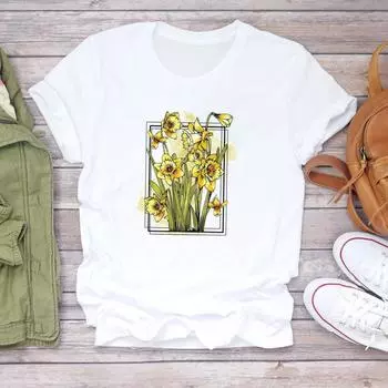 (Азиатский размер) Футболка с милым цветочным трендом, милая милая одежда 90-х годов, женская футболка с коротким рукавом и принтом, женская модная футболка, повседневная футболка с рисунком S