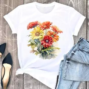 (Азиатский размер) Футболка с милым цветочным трендом, стиль 90-х, женская женская одежда с коротким рукавом, модные футболки с принтом, женская футболка S