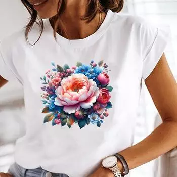 (Азиатский размер) Футболка с милым трендовым цветочным принтом Женская женская футболка Верхняя одежда Повседневная модная цветочная футболка с коротким рукавом с графическим принтом для женщин S