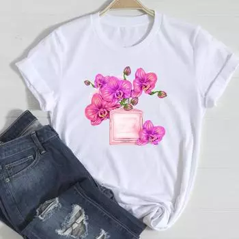 (Азиатский размер)Футболка с модным принтом, мультяшная цветочная одежда, повседневная футболка, женская футболка с принтом, женская футболка с круглым вырезом и графическим коротким рукавом S