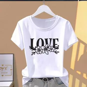 (Азиатский размер) Футболка с надписью Love Flower Letter Trend, милая футболка с рисунком, повседневная одежда с модным принтом, женская повседневная женская футболка с коротким рукавом S