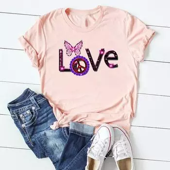 (Азиатский размер)Футболка с надписью Love, милый стиль, трендовая милая одежда, повседневная женская футболка с коротким рукавом и принтом, женская модная футболка, женская футболка с графическим рисунком S