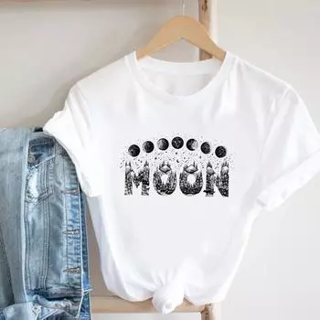 (Азиатский размер) Футболка с надписью «Луна», милый тренд, милая женская футболка с принтом, женская одежда, повседневная модная футболка с короткими рукавами, женская футболка с графическим рисунком S