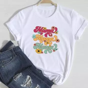 (Азиатский размер)Футболка с надписью «Мама», милый топ с цветочным принтом, модная футболка, женская одежда с принтом, повседневная женская футболка с коротким рукавом и графикой S