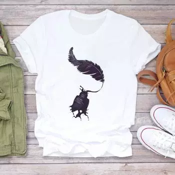 (Азиатский размер) Футболка с перьями, акварелью, прекрасная одежда, повседневная модная футболка с короткими рукавами, женская футболка с принтом, женская футболка с графикой S