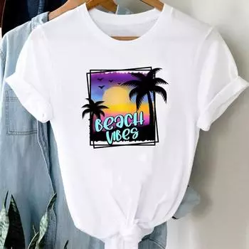 (Азиатский размер) Футболка с пляжным растением, милый стиль, милая женская футболка с принтом, женская одежда, повседневная модная футболка с короткими рукавами, женская футболка с графическим рисунком S