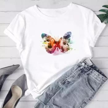 (Азиатский размер) Футболка с принтом, футболка с акварельной бабочкой, милый тренд, модная женская летняя женская футболка, футболки с короткими рукавами и графикой S
