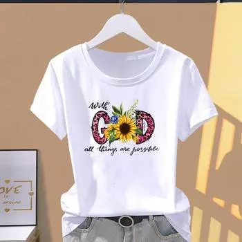 (Азиатский размер) Футболка с принтом в стиле Letter Style Trend Cute Faith Graphic Tee, женская повседневная модная футболка с принтом, женская повседневная футболка с коротким рукавом S
