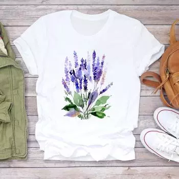 (Азиатский размер) Футболка с растительным цветком, прекрасный стиль, трендовая модная футболка, женская одежда, повседневная женская футболка с коротким рукавом и принтом, женская футболка с графикой S