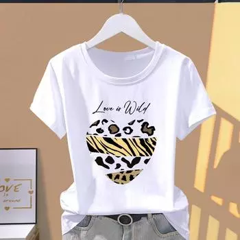 (Азиатский размер) Футболка с рисунком, футболка с леопардовым принтом и надписью Love Heart, повседневная модная женская футболка с принтом, повседневная женская футболка с коротким рукавом S