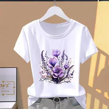 (Азиатский размер) Футболка с рисунком, футболка с цветочным принтом, акварель, тренд, милая 90-е годы, повседневная модная женская футболка с принтом, повседневная женская футболка с коротким рукавом S