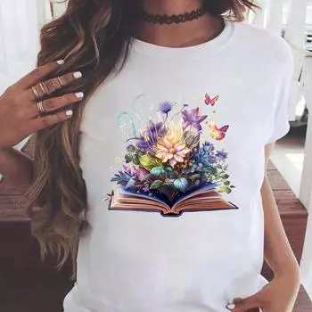 (Азиатский размер) Футболка с рисунком, футболка с цветочным принтом и бабочкой, тренд 90-х годов, повседневная модная женская футболка с принтом, повседневная женская футболка с коротким рукавом S
