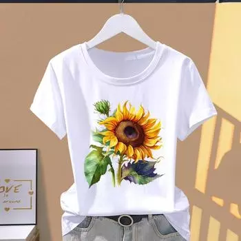 (Азиатский размер) Футболка с рисунком и цветком, акварель, милая футболка 90-х годов, повседневная модная футболка с принтом, женская повседневная женская футболка с коротким рукавом S