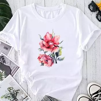 (Азиатский размер) Футболка с рисунком и цветком, милый тренд 90-х годов, милая женская модная футболка с принтом, повседневная футболка, повседневная женская летняя футболка с коротким рукавом S