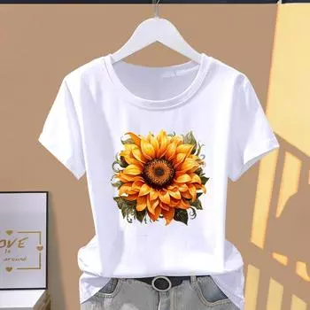 (Азиатский размер) Футболка с рисунком и цветком, милый стиль, трендовая футболка, повседневная модная футболка с принтом, женский повседневный женский топ, женская футболка с коротким рукавом S