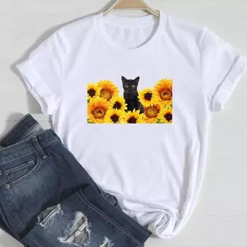 (Азиатский размер)Футболка с рисунком кота и цветка, мультяшный милый стиль, тренд, повседневная женская одежда, принт, женская футболка с коротким рукавом и графическим принтом S