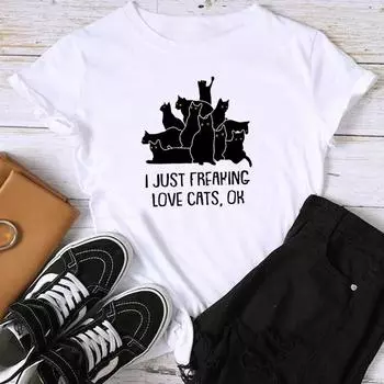 (Азиатский размер) Футболка с рисунком кота, милый стиль, милый стиль 90-х годов, женский летний топ, женская футболка, повседневная модная футболка с коротким рукавом S