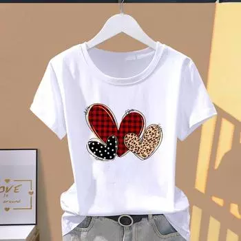 (Азиатский размер) Футболка с рисунком, леопардовая клетчатая одежда в стиле Love Heart, повседневная модная женская футболка с принтом, повседневная женская футболка с коротким рукавом S