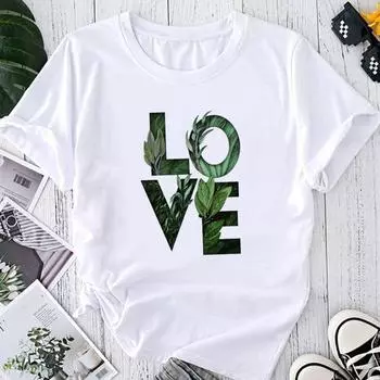 (Азиатский размер) Футболка с рисунком Love Letter Plant Trend Женская мода с принтом Повседневная футболка Повседневная женская летняя футболка с коротким рукавом S