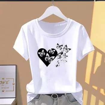 (Азиатский размер) Футболка с рисунком, повседневная футболка с бабочкой, акварель, милая одежда, женская повседневная футболка с принтом, модная футболка с коротким рукавом S