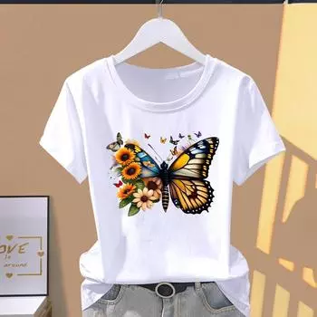 (Азиатский размер) Футболка с рисунком, повседневная футболка, трендовая бабочка, акварельный принт, женская повседневная женская верхняя модная футболка с коротким рукавом S