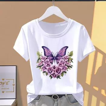 (Азиатский размер) Футболка с рисунком T Бабочка Цветок Прекрасный тренд Милая одежда Повседневная модная футболка с принтом Женская повседневная женская футболка с коротким рукавом S