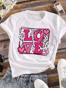 (Азиатский размер) Футболка с рисунком в виде буквы «любовь» ко дню святого Валентина для женщин, повседневная модная футболка с коротким рукавом и принтом в виде цветка, женская графическая футболка S