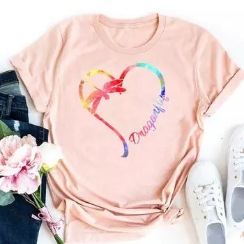 (Азиатский размер)Футболка со стрекозой, милая акварельная трендовая модная футболка, одежда, повседневная женская футболка с коротким рукавом с принтом, женская футболка с графикой S